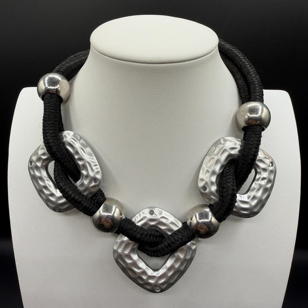 Black Braided Cord Silver Tone Hammered Geometric Statement Necklace Modernist